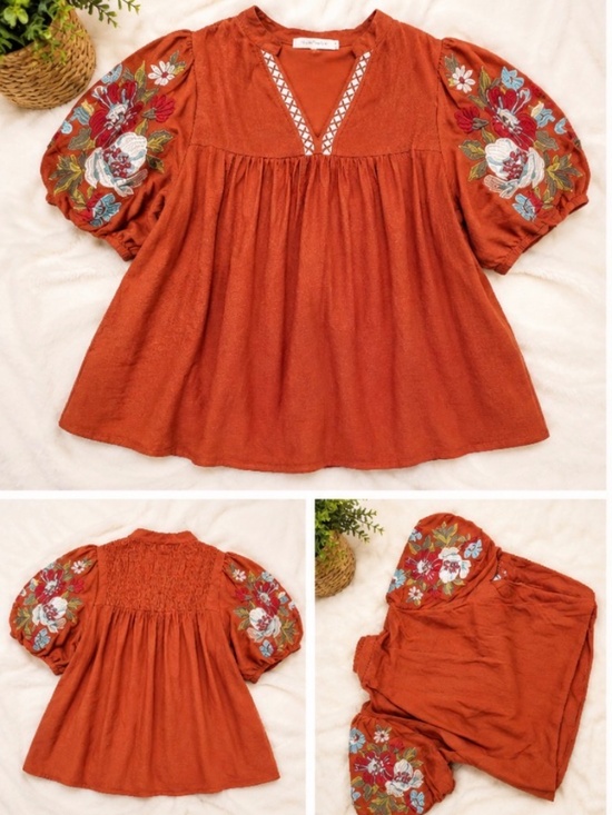 Tops - THML Rust Floral Embroidered Puff Sleeve Babydoll Blouse | Size M